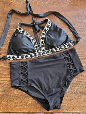 Black & White Bikini Set with White Crochet Trim